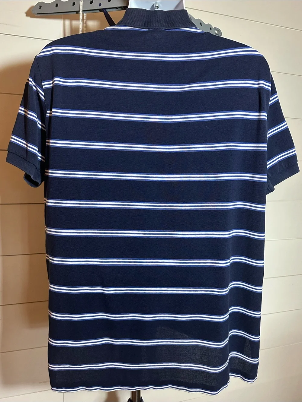 #205 Men's Navy Striped Polo Shirt with Red Logo